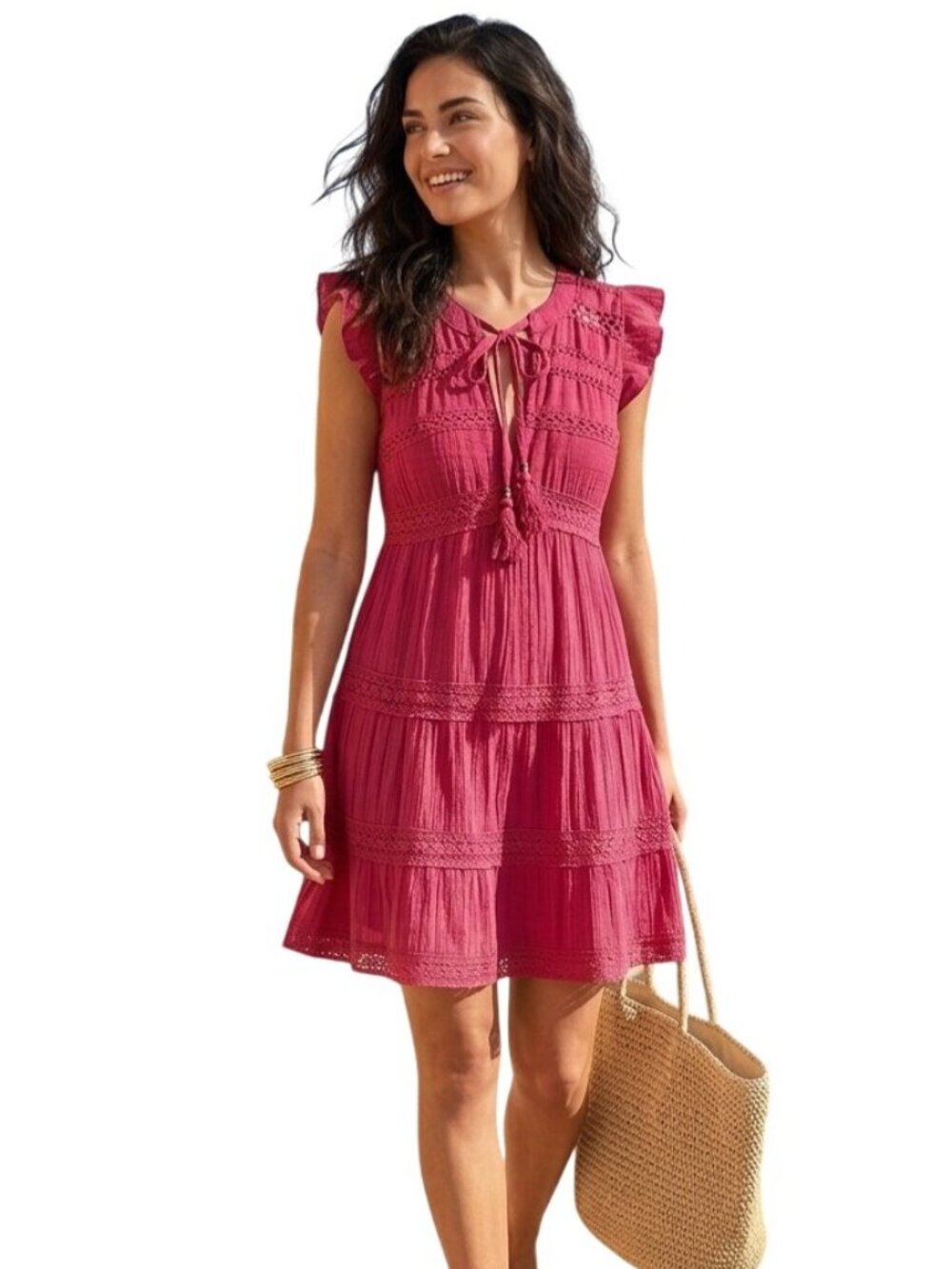 Red Crochet Lace Tiered Sundress Small Tie Neck Boho Chic Festival Travel